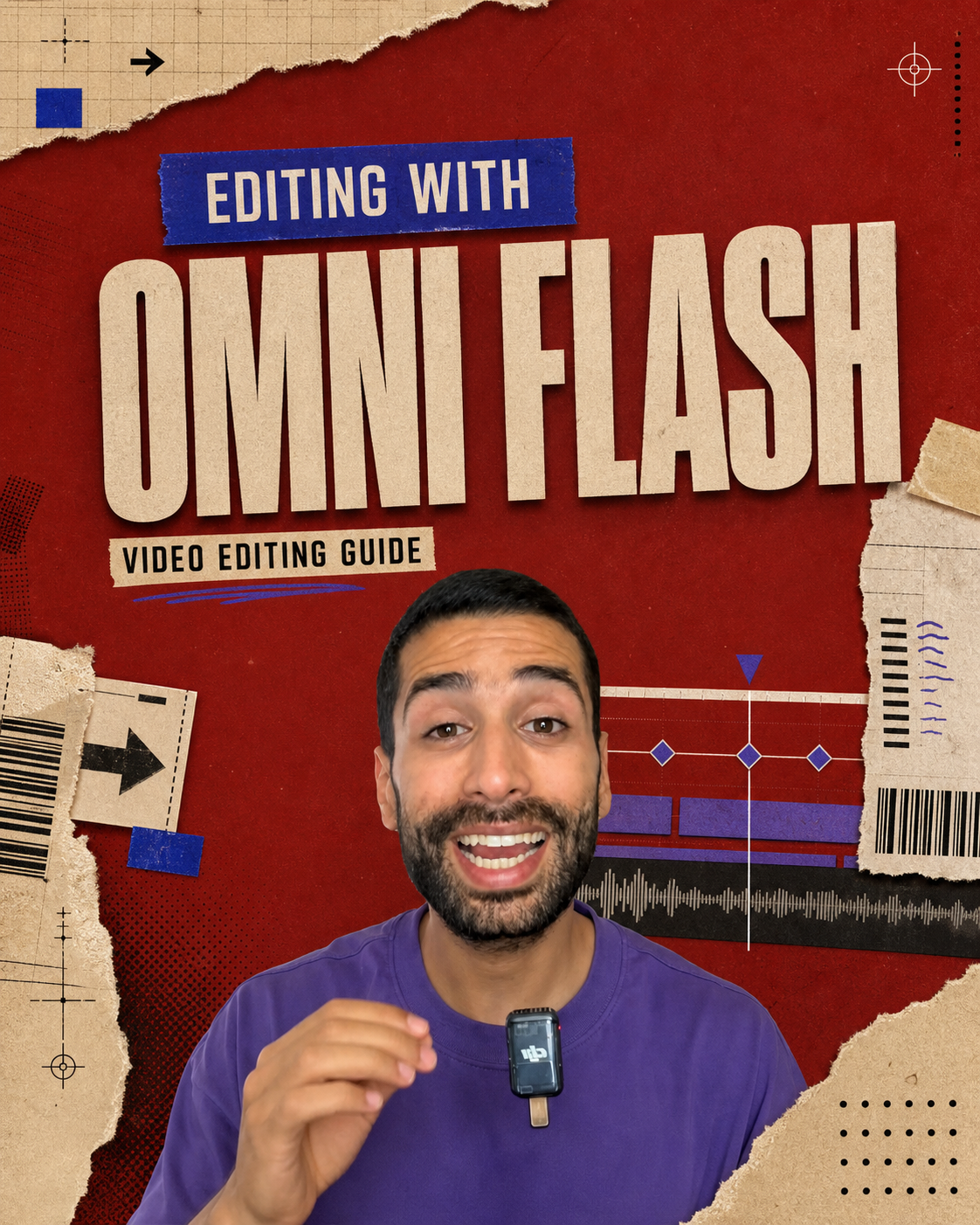 Raed presenting the Editing with Omni Flash guide in a red editorial video-timeline collage