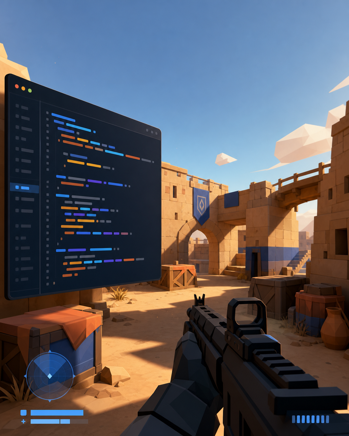 Illustrated browser FPS arena with an AI coding window